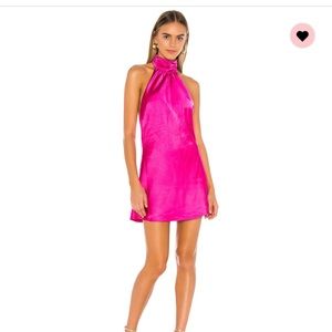 Lovers and Friends Hayes Mini Dress Hot Pink Satin Silk High Neck Dress